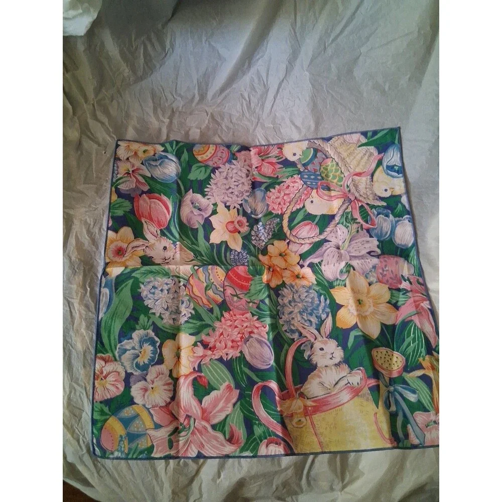 Vintage EASTER Bunny Fabric Napkins 17” Square Tulips Eggs Pastel Set of 3